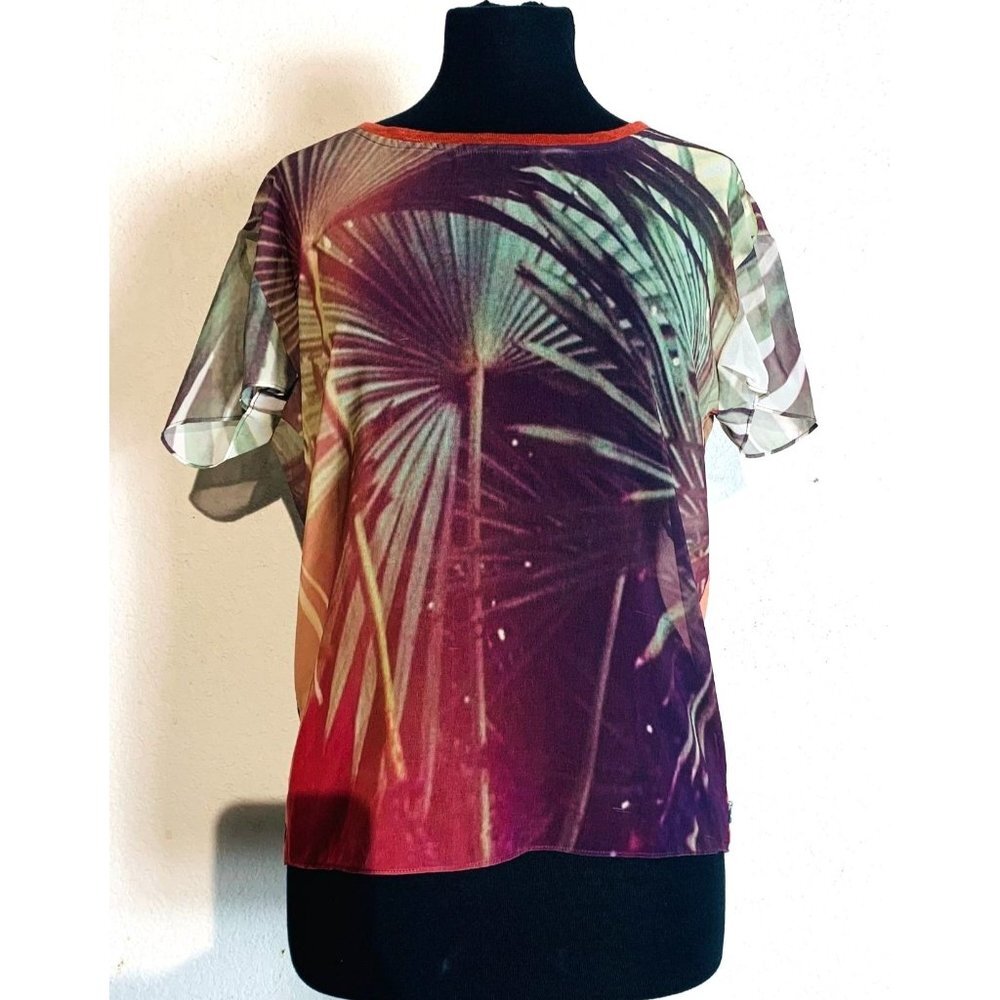Maison Scotch Sheer Palm Leaves Short Sleeve Scoop Neck Blouse S